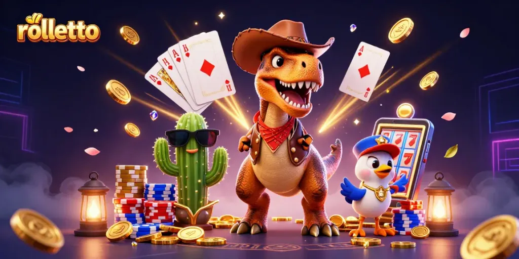 Engage in rolletto excitement with a vibrant 3D casino scene featuring dinosaur partners and dynamic gaming elements.