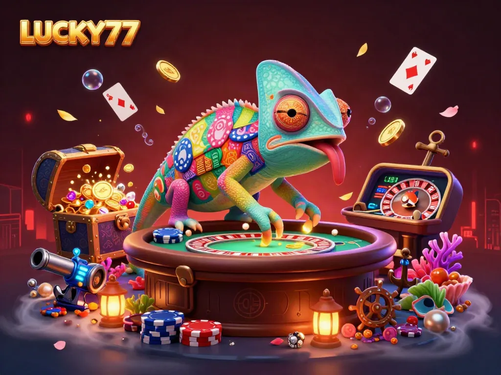 LUCKY77 showcases a vibrant casino scene with a chameleon casino owner, golden coins, and colorful gems.