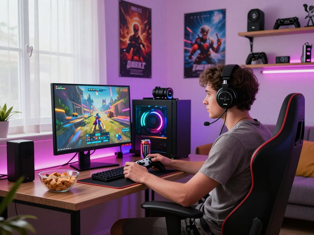 Engaged gamer enjoying an adult game in a vibrant home setup.