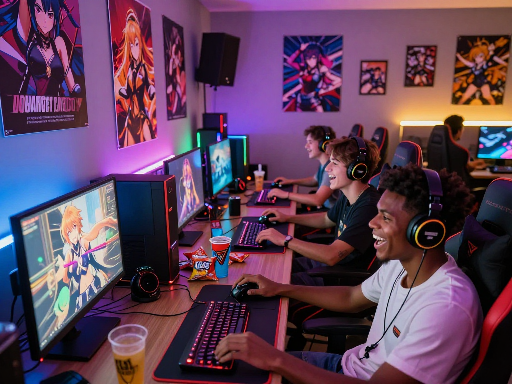 Engaged gamers enjoying a hentai game session in a vibrant digital gaming room.