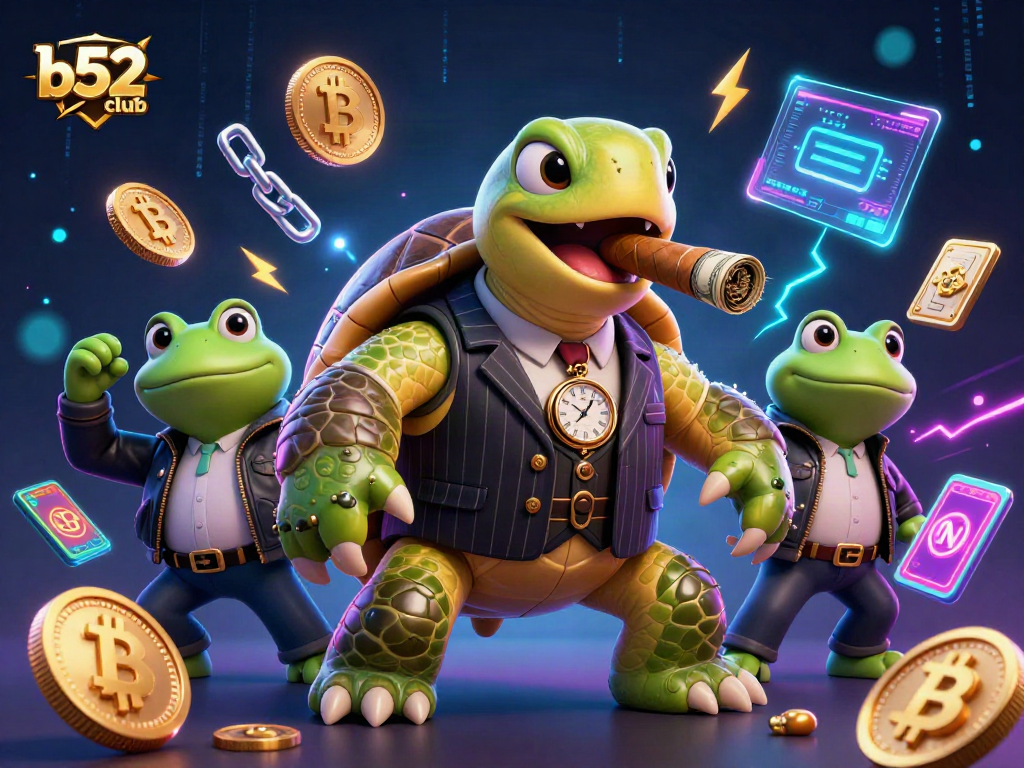 b52club elevates gaming with a vibrant 3D scene of a mobster turtle and bullfrog enforcers
