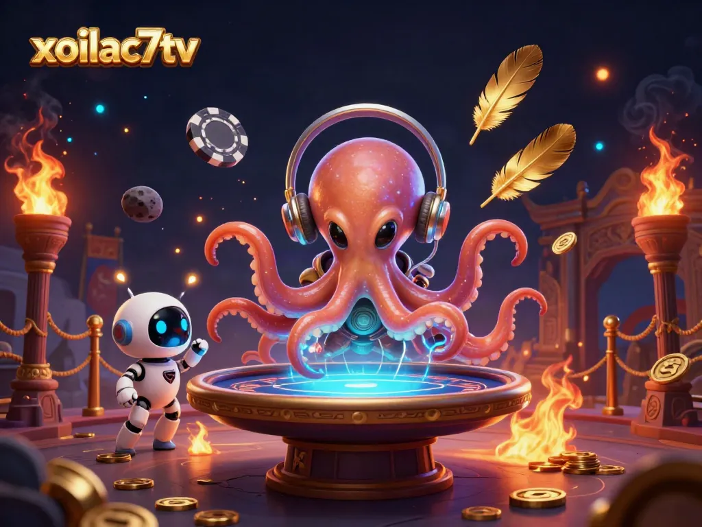 Join the excitement of xoilac7tv as an alien octopus hosts a holographic poker game amidst a cosmic background.
