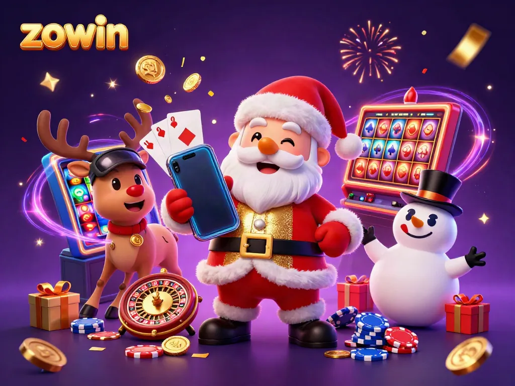 Zowin casino illustration featuring Santa and friends celebrating with slot games and bonuses.