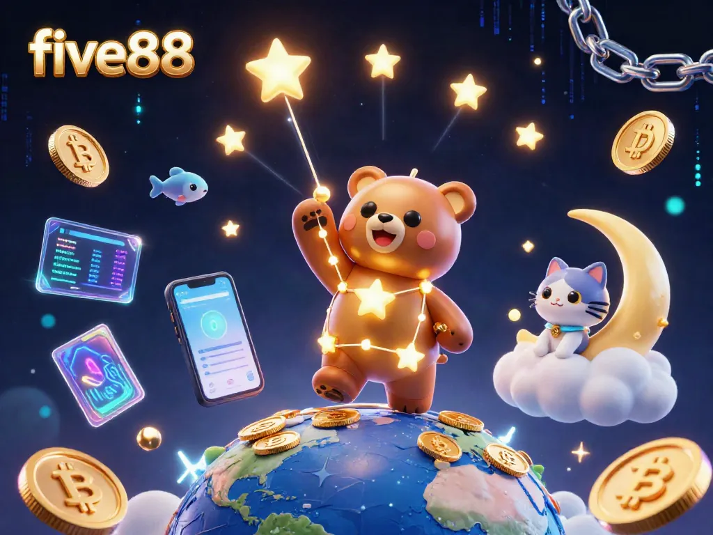 Engage with five88 as the constellation bear scoops coins in a vibrant casino-themed galaxy.