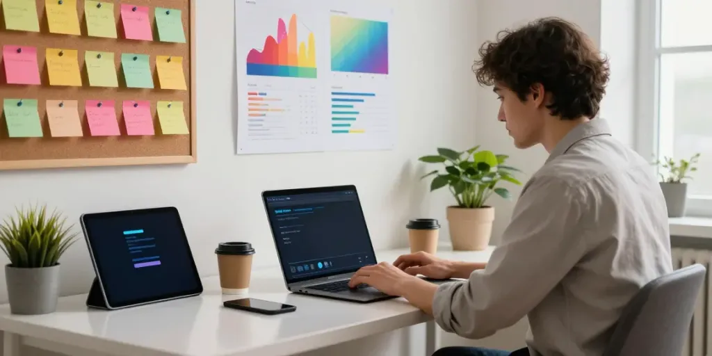 A digital marketer working on instant indexing tools in a modern workspace, showcasing SEO analytics.