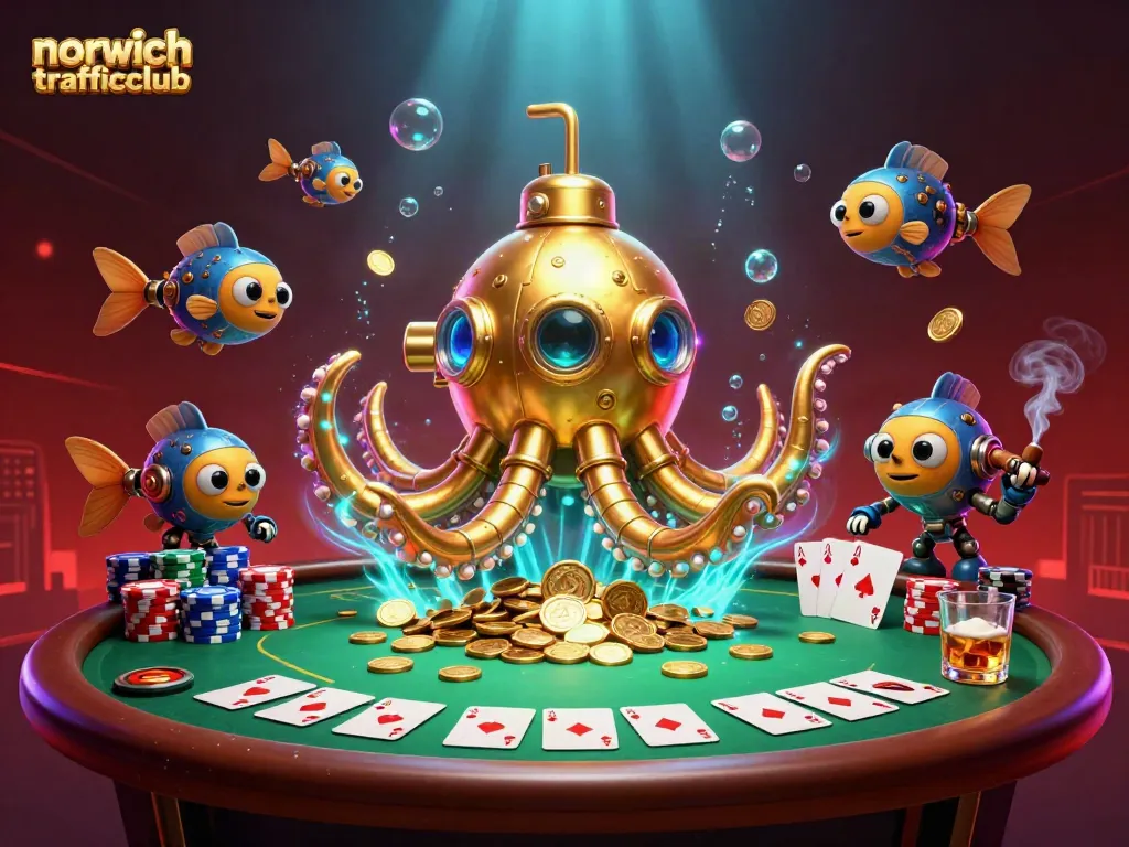 Engage with norwichtrafficclub's thrilling scene of poker chaos amidst golden coins and mechanical sea creatures.