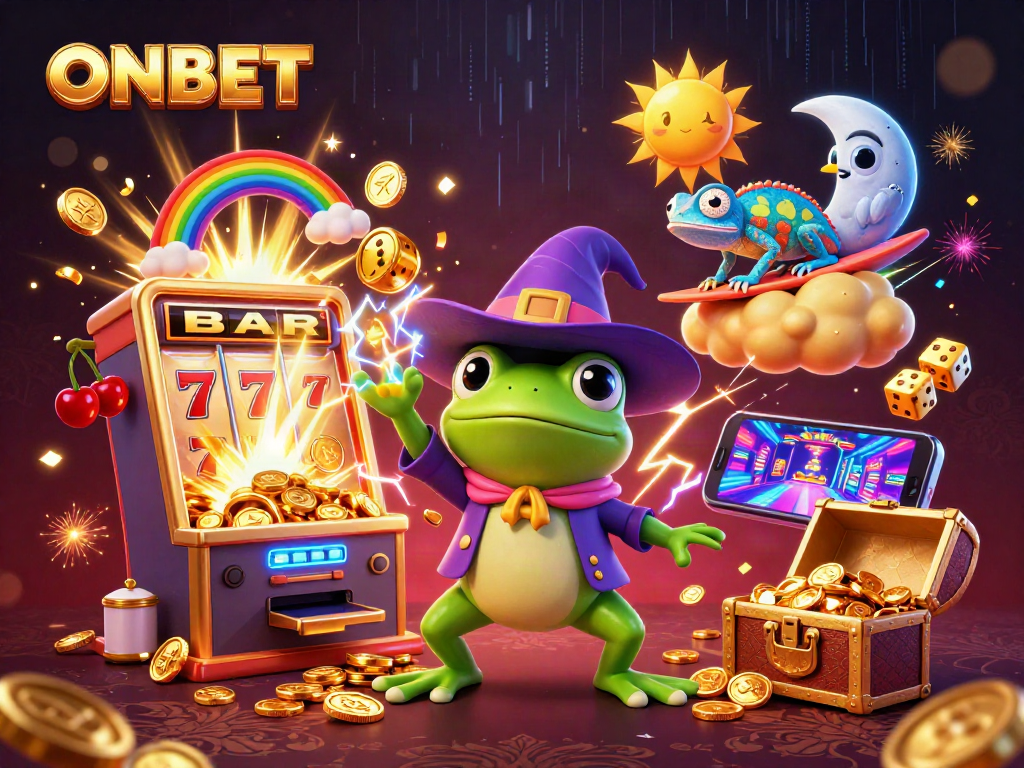 Experience the thrill of ONBET with a vibrant 3D casino illustration showcasing magical characters and exciting elements.