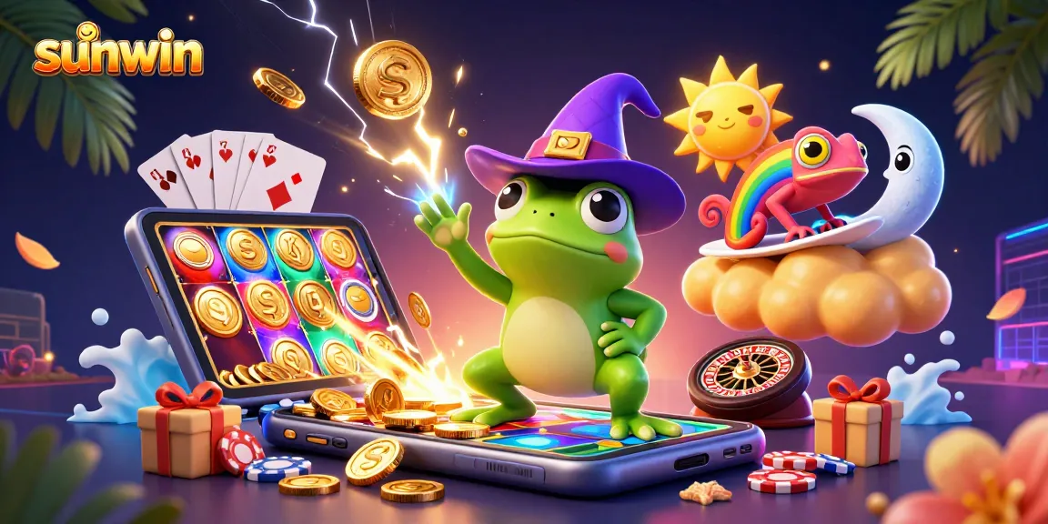 Sunwin's vibrant casino scene features a wizard frog and chameleon amidst golden coins.