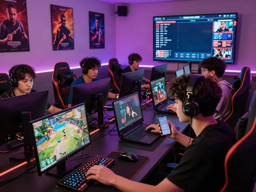 Engaged gamers playing various games on multiple devices with the GEM88 app in a vibrant gaming lounge.