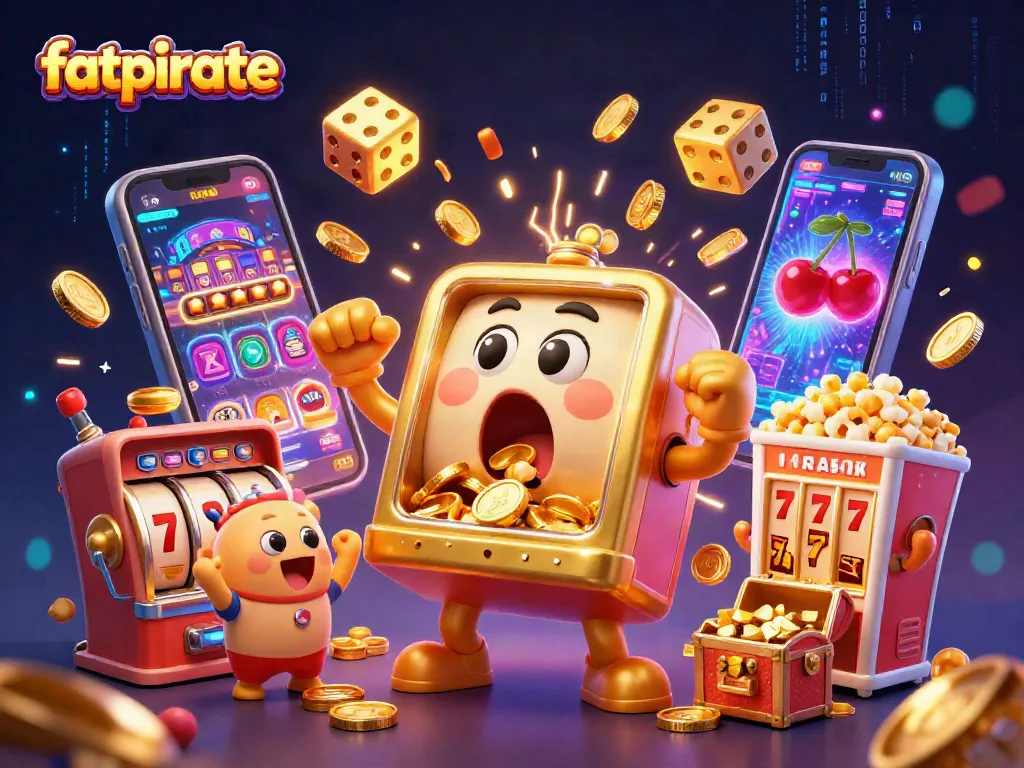 Fatpirate jackpot scene with a golden slot machine celebrating wins amidst coins and game elements.