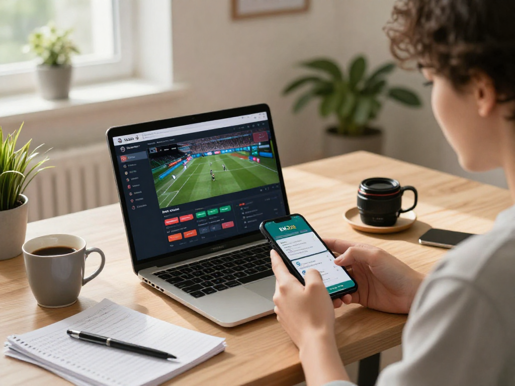 Person using EK333 app for online betting in a modern home office