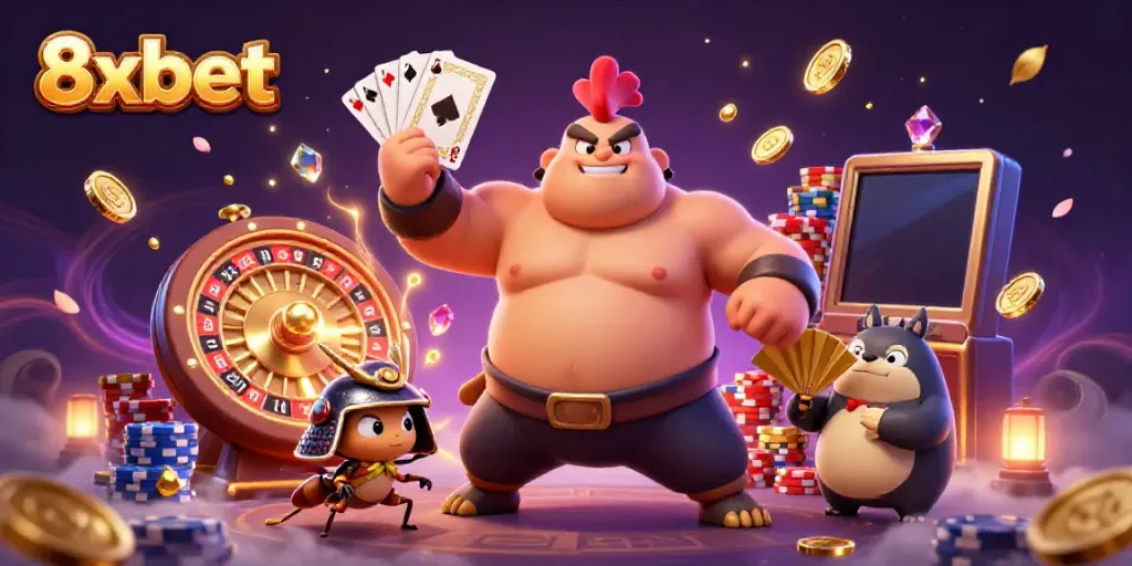 Experience grand wins at 8xbet with a dynamic casino scene featuring vibrant characters and thrilling game elements.
