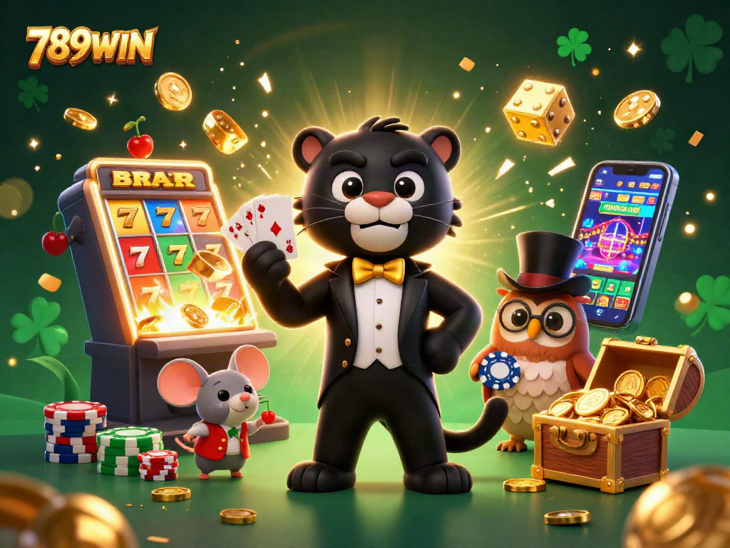 Experience the excitement of 789WIN in a dynamic casino scene with vibrant characters and rich gambling elements.