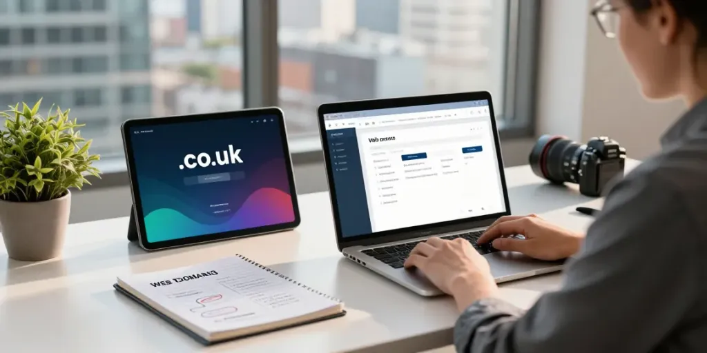 Entrepreneur engaged in .co.uk domain registration at a modern workspace