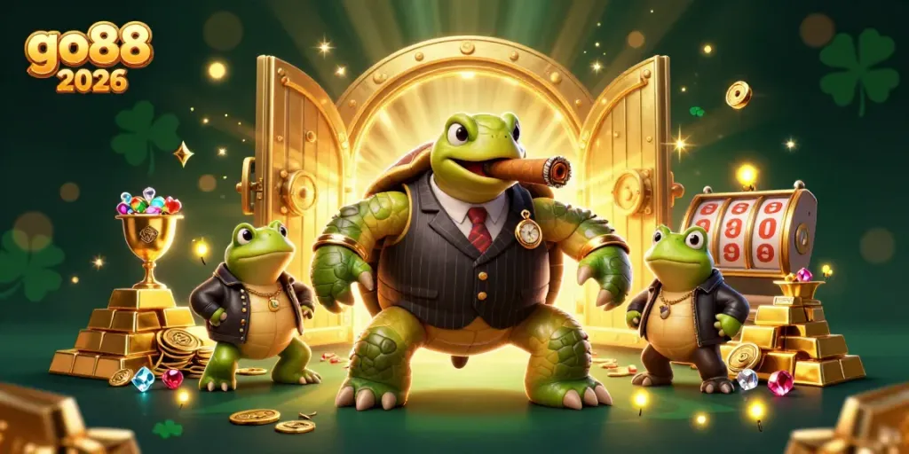 Engage with the thrilling atmosphere of go88 2026 featuring a vibrant casino scene with charismatic characters and golden treasures.