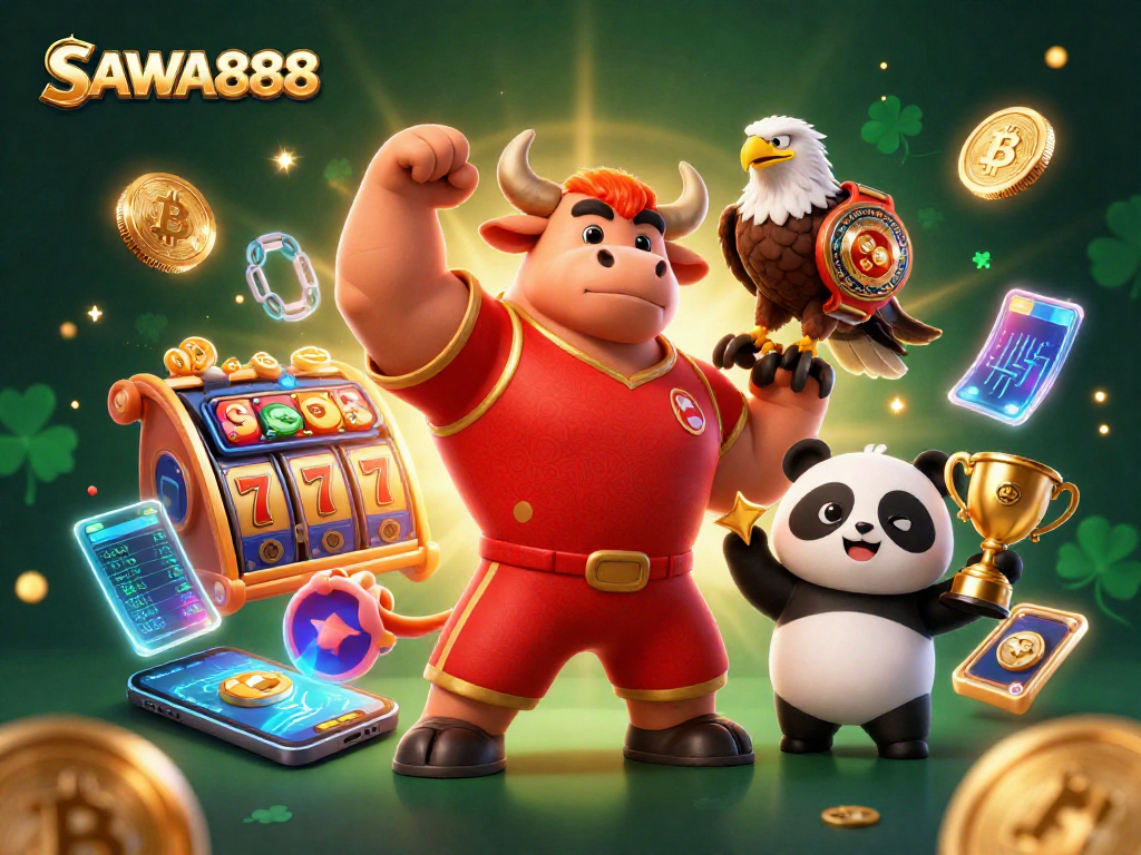SAWA888 showcases an exciting victory scene with characters celebrating winnings amidst vibrant slot games and cryptocurrency elements.