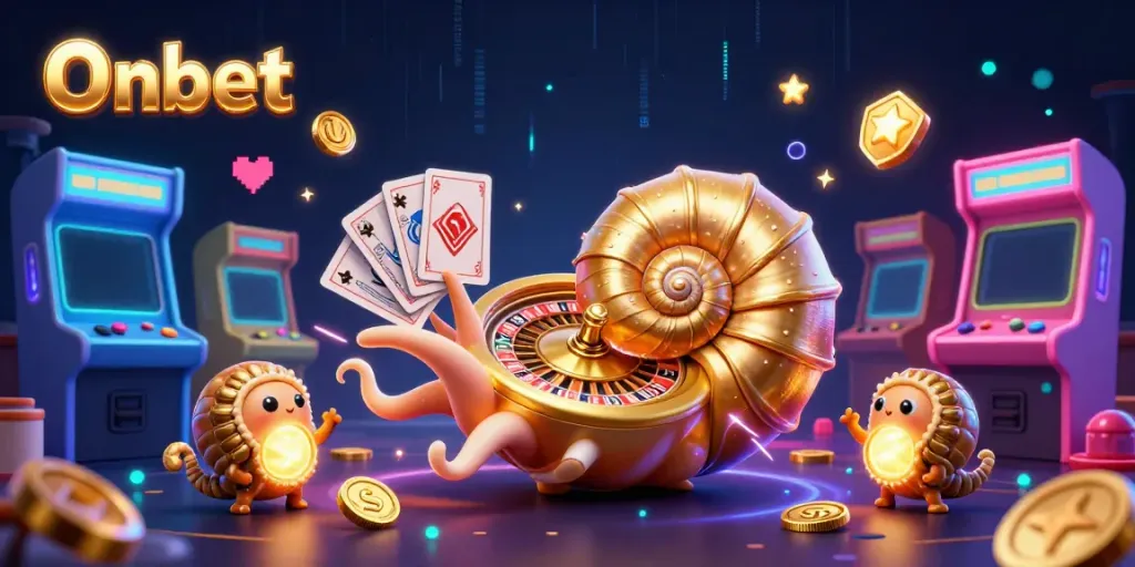 Engage with Onbet's vibrant casino atmosphere featuring a giant nautilus roulette wheel and electric gaming elements.