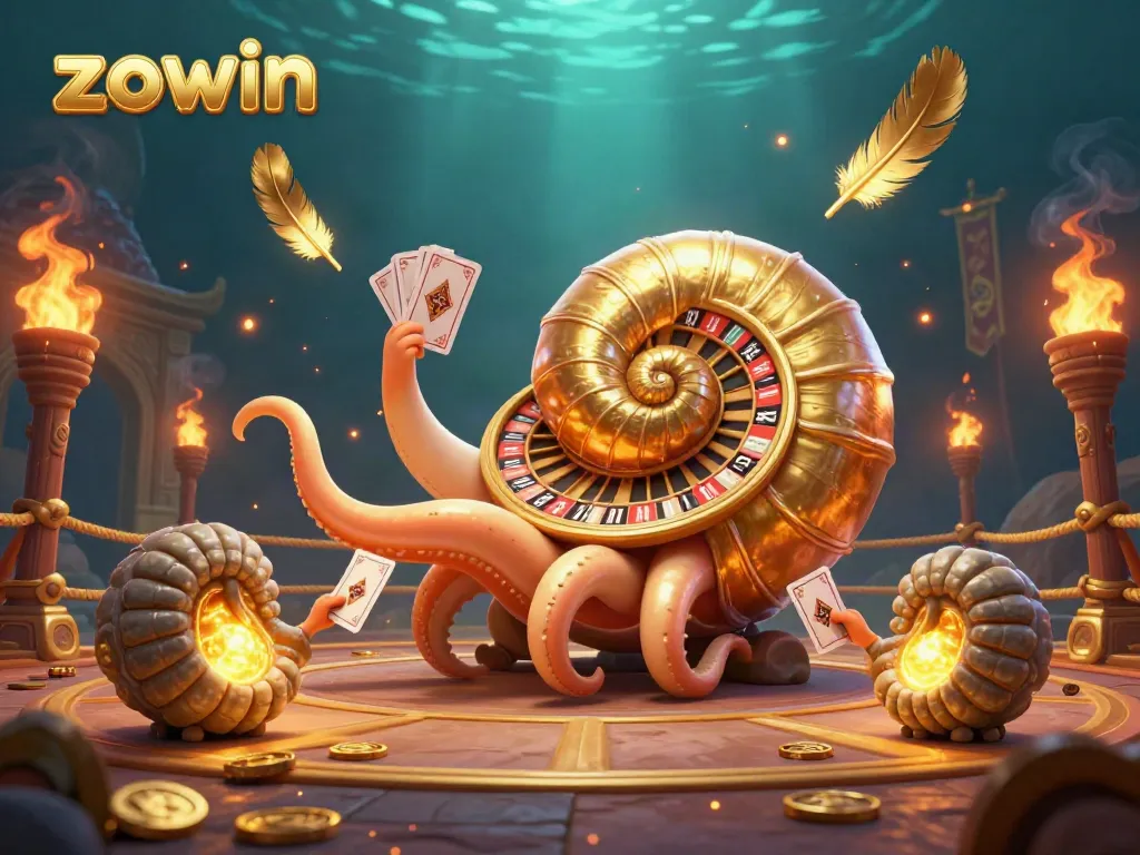 Engage with the vibrant world of zowin, where an ancient giant nautilus spins a roulette wheel while holding cards.