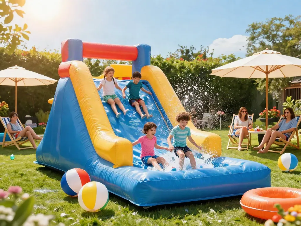 Children enjoying an inflatable water slide during a summer party, vibrant outdoor atmosphere.