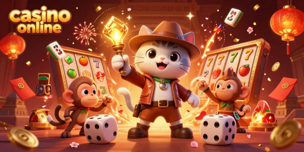 Engage with the thrilling world of casino online featuring an explorer cat and monkey among dynamic game elements.