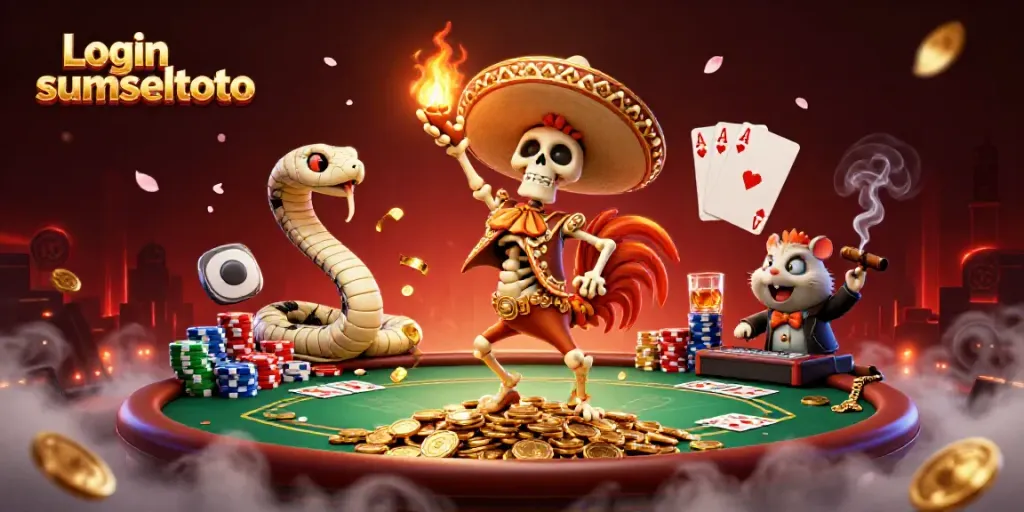 Experience Login sumseltoto excitement with a vibrant 3D illustration featuring a festive atmosphere of winnings and gambling action.