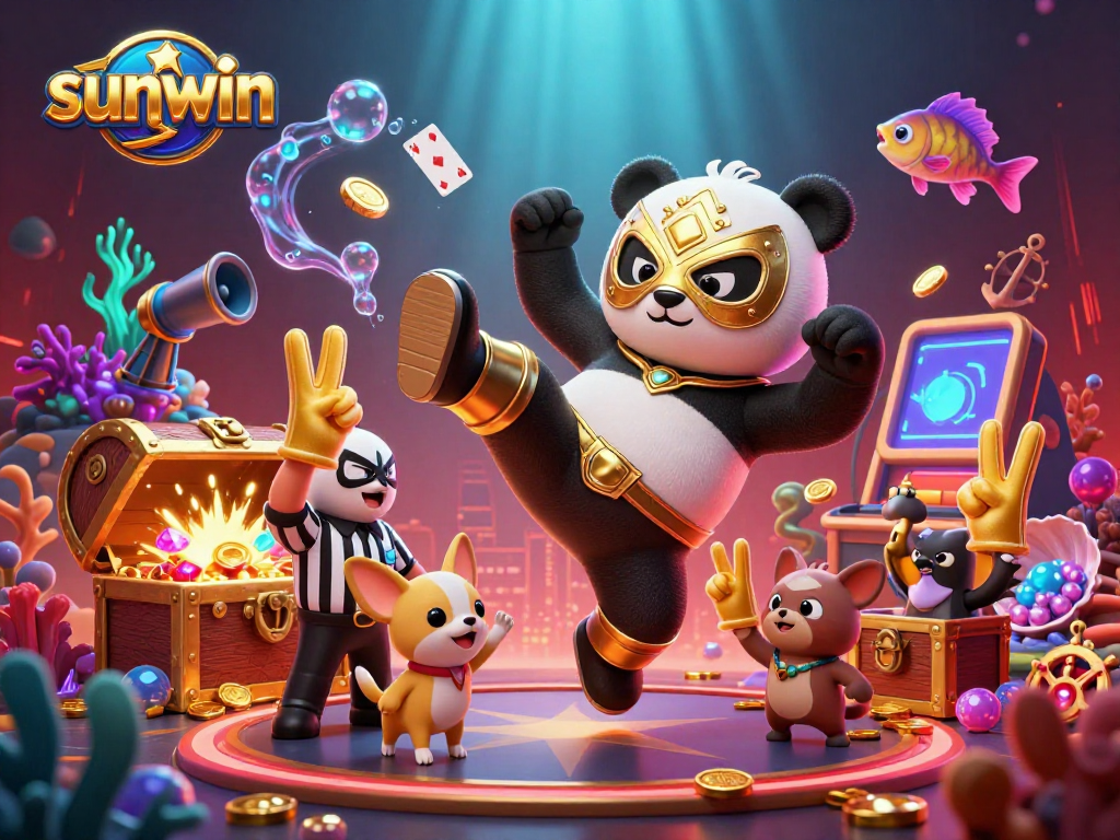 Experience thrilling gameplay with sunwin as a panda wrestler kicks and spectators cheer in a vibrant casino setting.