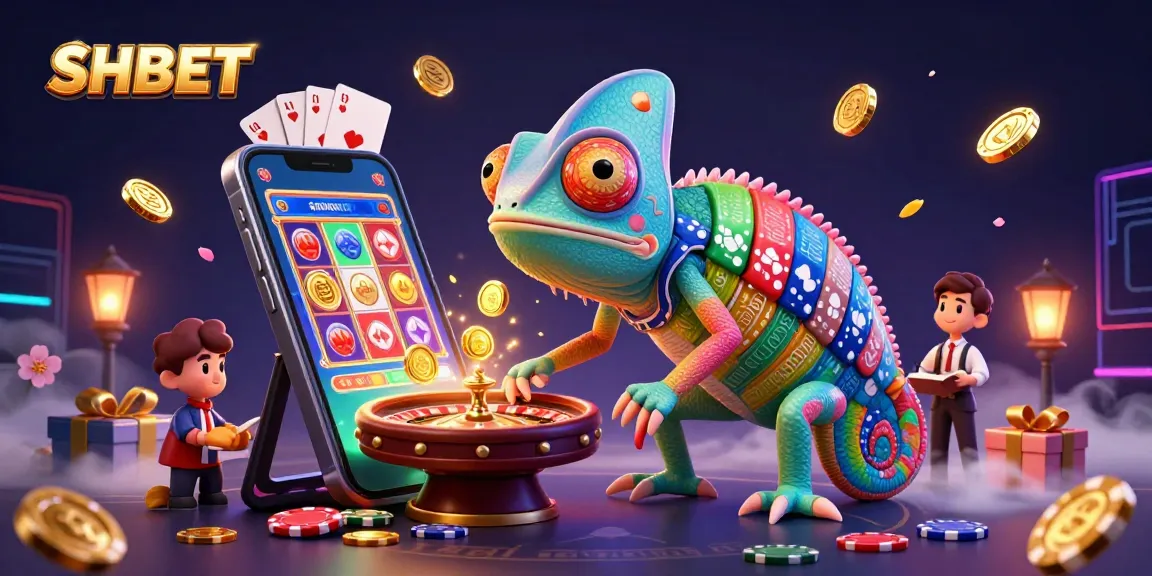 Experience excitement at SHBET Casino with a vibrant 3D chameleon casino owner amidst lively gaming elements.