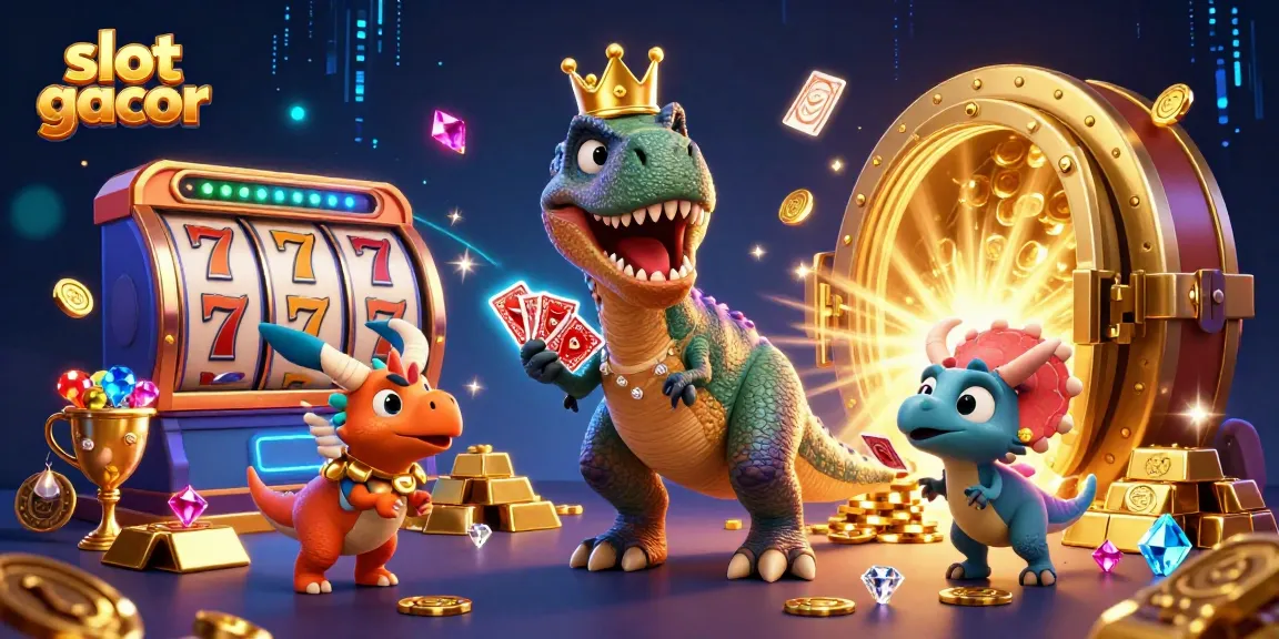 Experience the excitement of slot gacor with a T-Rex shuffling cards and dynamic casino elements.