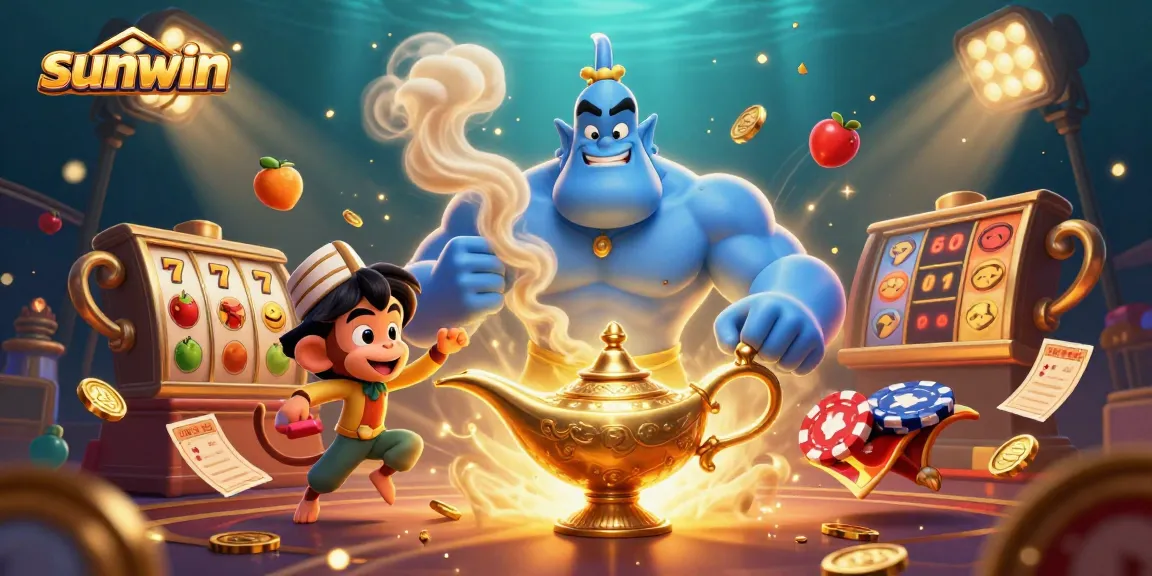 Win big at Sunwin with this energetic casino illustration showcasing exciting game elements.