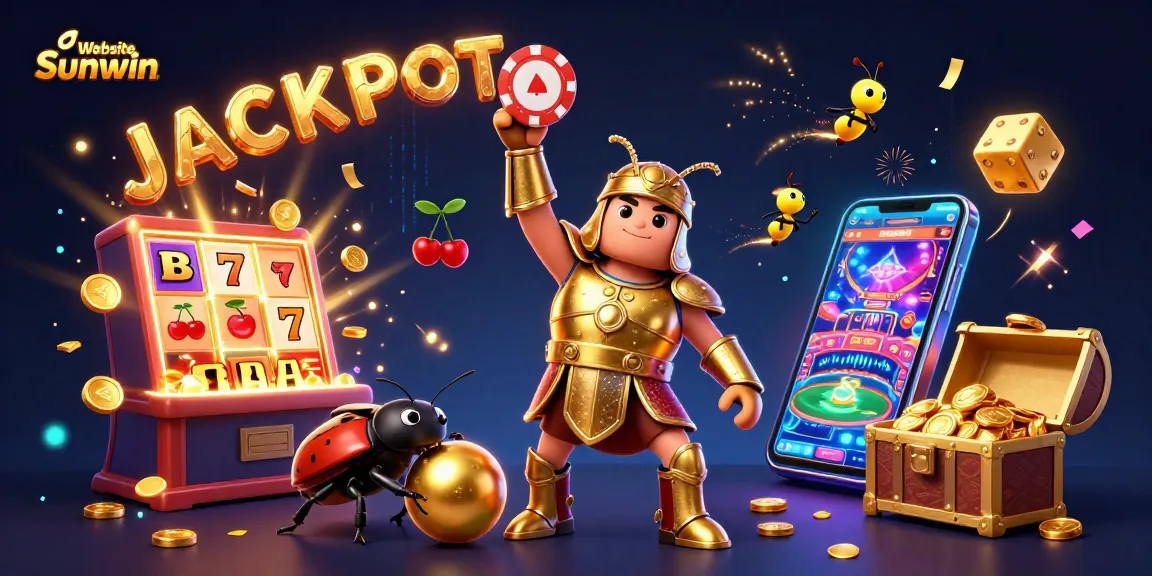 Experience Website Sunwin with vibrant characters celebrating jackpots among dynamic casino elements.