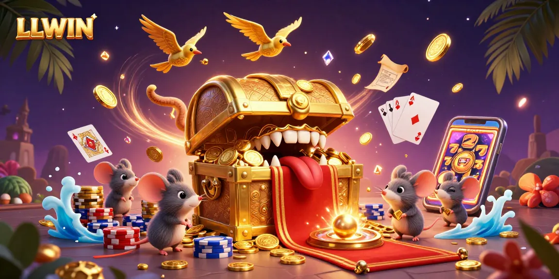 Engage in thrilling play at LLWIN with vibrant casino elements featuring roulette, cards, and treasure chests.