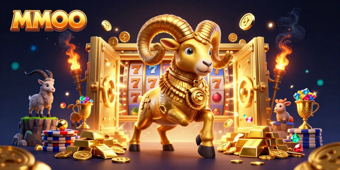 Engage with MMOO in a vibrant 3D casino scene featuring dynamic slot reels and radiant treasures.