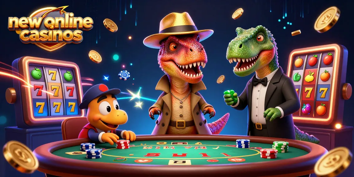 Engage with new online casinos featuring dynamic characters at blackjack tables amidst vibrant gaming elements.