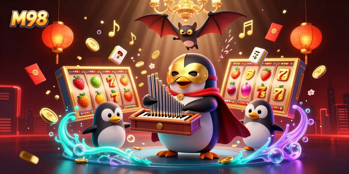 M98 illustrates a thrilling casino scene with a phantom penguin organist and slot reels spinning.